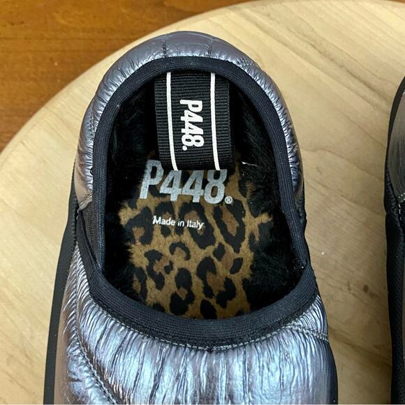 P448 Laby Textile Slippers Women's Sz 40, 9.5 US Silver Quilted Leopard Comfy - Picture 10 of 15